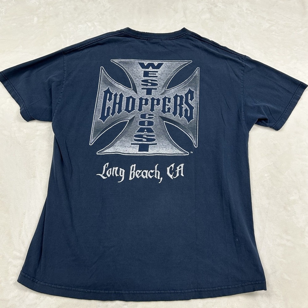 West Coast Choppers T-Shirt Mens XL Blue Jesse James Iron Cross Vintage Faded